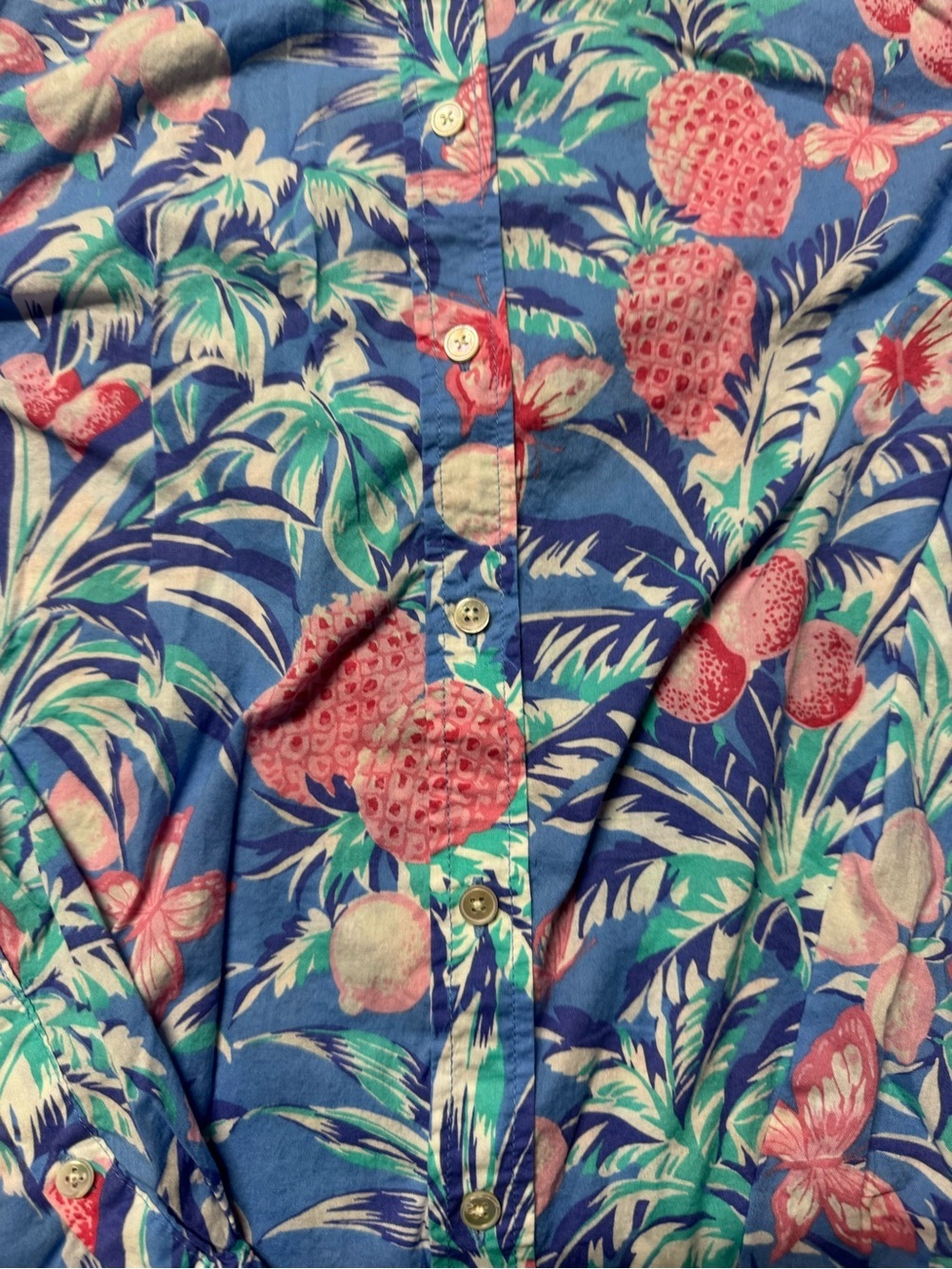 Talbots Women’s Large Tropical Floral Button Down Shirt Blue Pink Long Sleeve - Picture 4 of 10